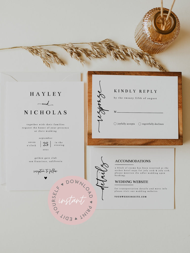Minimalist Wedding Invitation Set, INSTANT DOWNLOAD, Modern, Simple, Elegant, Editable Template, Invite, RSVP, Details