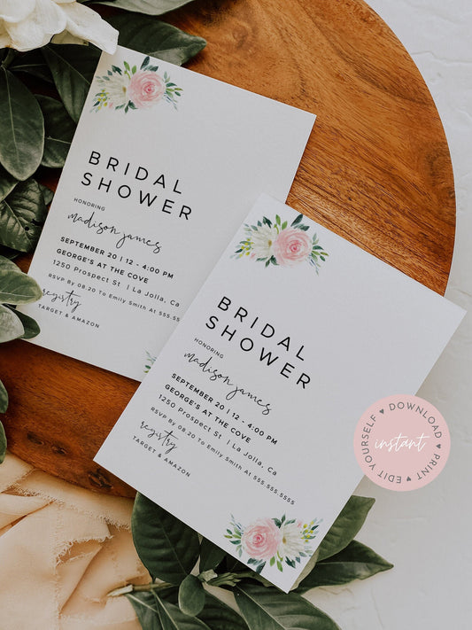 Pink Floral Bridal Shower Invitation, Editable Bridal Shower Invitation Template, Pink Bridal Shower, Pink Watercolor Bridal Shower Template