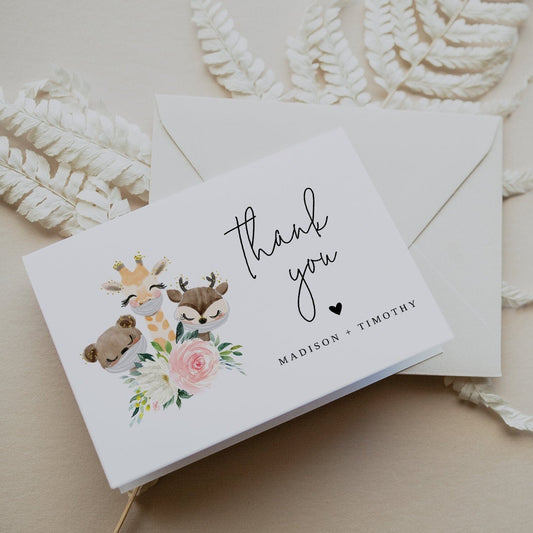 Baby Animal Thank You Card, Social Distance Baby Shower, Editable Template, Flat & Folded Note Card, Instant Download