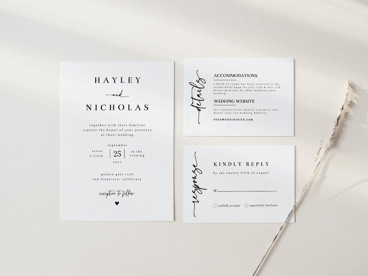 Minimalist Wedding Invitation Set, INSTANT DOWNLOAD, Modern, Simple, Elegant, Editable Template, Invite, RSVP, Details