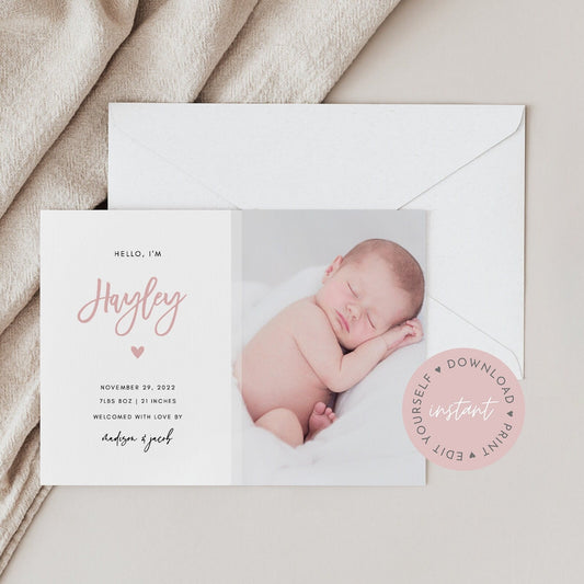 Birth Announcement Template | Printable Photo Birth Announcement Card | Minimalist | Modern | Editable | Templett | Instant Download |