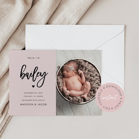 Birth Announcement Template | Printable Photo Birth Announcement Card | Minimalist | Modern | Editable | Templett | Instant Download |