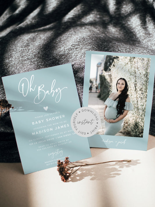 Mint Green Oh Baby Baby Shower Invitation Template, Sage, DIY Baby Shower Invitation, Minimalist Baby Shower, Editable Invitation #011MB