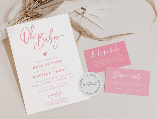 Oh Baby Pink Baby Shower Invitation Suite, Baby Shower, DIY Baby Shower Invitation, Minimalist Baby Shower, Editable Invitation #01PMM