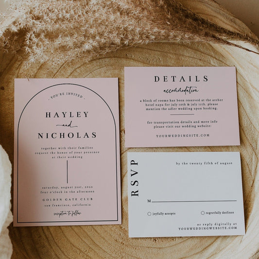 Arch Wedding Invitation Set INSTANT DOWNLOAD Pink Minimalist Wedding Invite Template Editable Printable Invite Suite