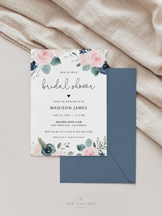 Navy and Blush Bridal Shower Invitation Template, Blush and Navy Bridal Shower Invite, Floral Bridal Shower Invite Instant #023N