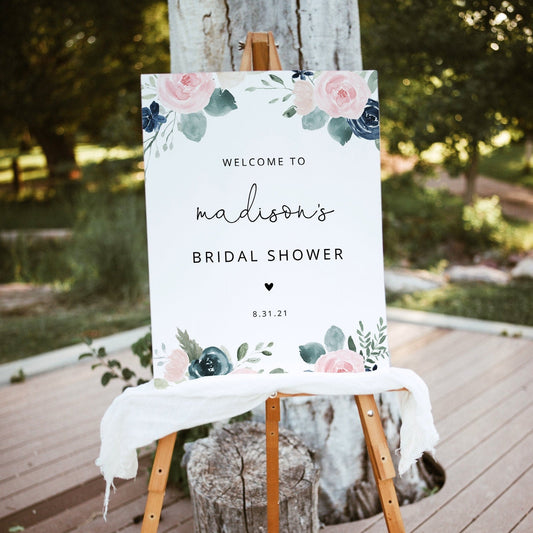 Bridal Shower Welcome Sign Template, Blush and Navy Floral Welcome Sign, Garden Bridal Shower, Pink and Blue Bridal Shower Instant #023N
