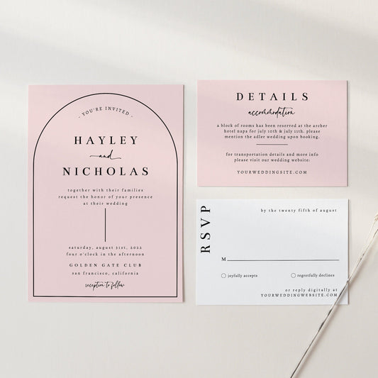 Arch Wedding Invitation Set INSTANT DOWNLOAD Pink Minimalist Wedding Invite Template Editable Printable Invite Suite