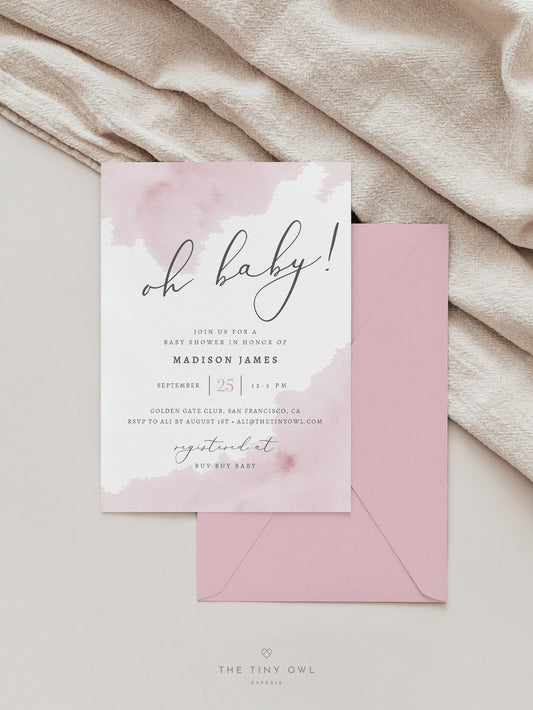 Oh Baby Shower Invitation Template, Baby Shower Invites Blush Pink Watercolor, Printable Editable Invitation, Elegant Baby Shower #02BW