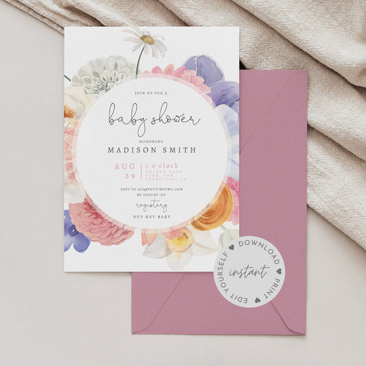 Baby Shower Invite, Floral Garden Baby Shower Invitation, baby shower, Spring Floral, invitation template, digital download, printable #07PF