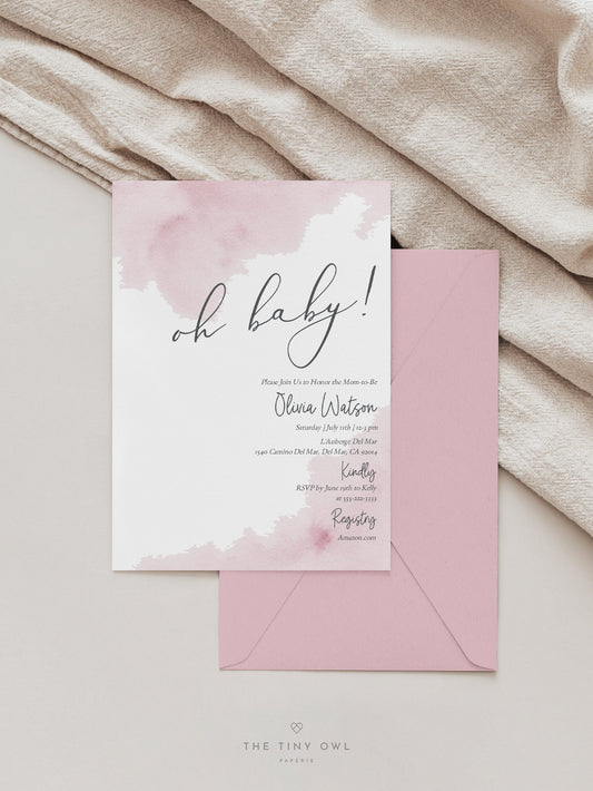 Oh Baby Shower Invitation Template, Baby Shower Invites Blush Pink Watercolor, Printable Editable Invitation, Elegant Baby Shower #02BW