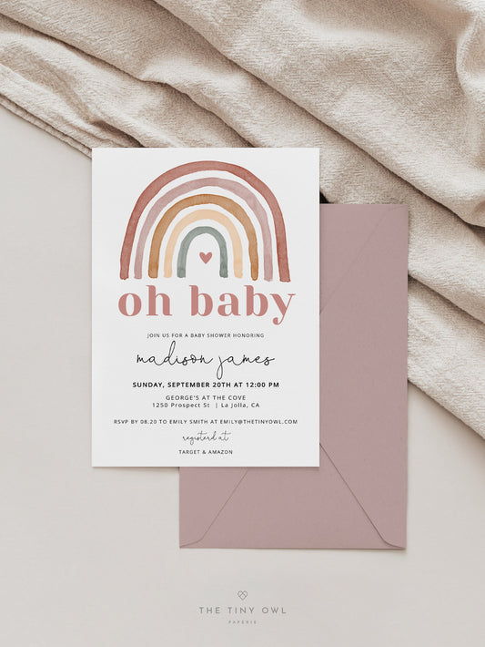 Rainbow Baby Shower Invitation | Gender Neutral Shower Invite | Muted Tones Boho Baby Shower | Bohemian Baby Shower Editable Template #07RB