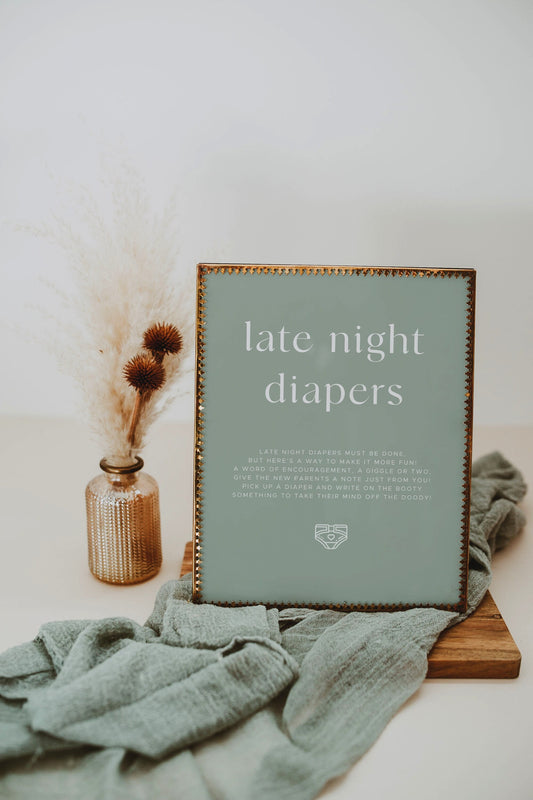 NOAH | Sage Green Late Night Diaper Game Sign, Baby Shower Late Night Diaper Sign, Minimalist, DIY Editable Template