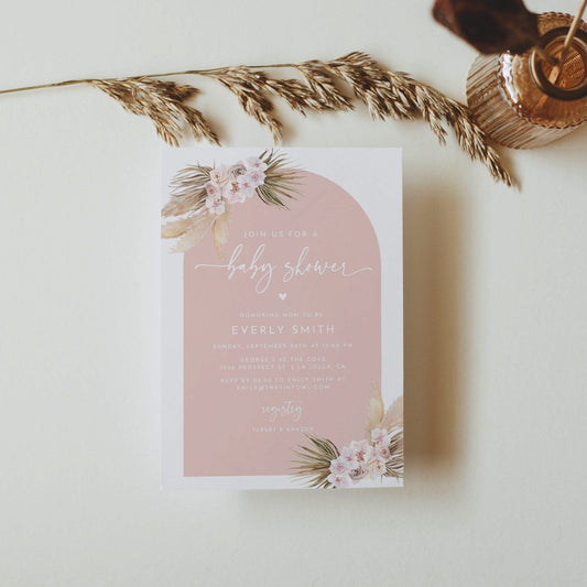 JOLENE | Pampas Grass Baby Shower Invite, Boho Baby Shower, Arch Baby Shower, Pink Baby Shower, DIY Baby Shower Invitation, Editable
